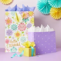 XLarge 'Hello Beautiful' Happy Floral Baby Shower Gift Bag - Spritz™: Multicolor Botanical For Baby Girl