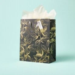 "Happily Ever After" Medium Bag Black/Gold - Spritz™: Wedding Gift Bag, Floral Pattern, 12.75" Height