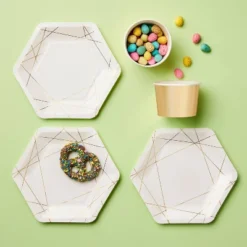 10ct Geo Print Hex Snack Plates Gold White - Spritz™